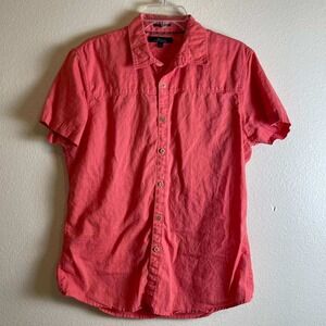 Marc Anthony Mens Slim Fit Linen Cotton Short Sleeve Button Down Shirt Coral M